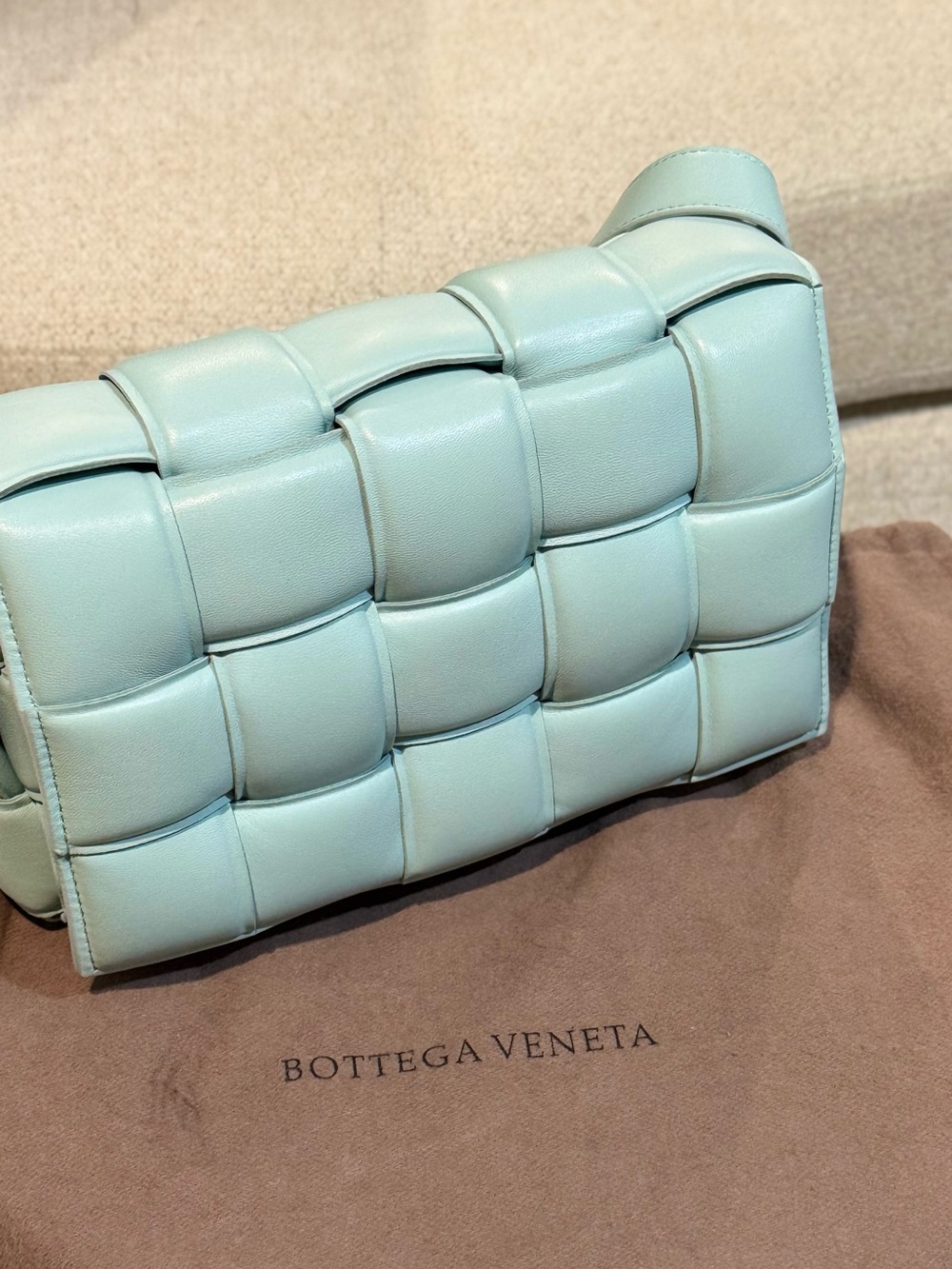 Bottega Veneta Padded Intrecciato Shoulder Bag in Light Blue